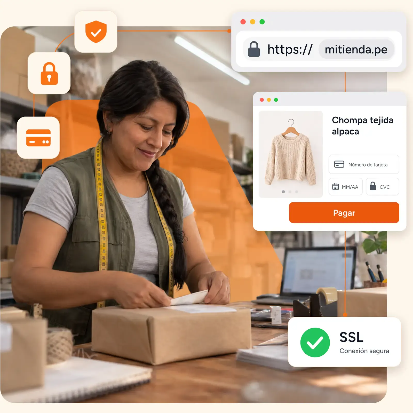 Empresaria peruana gestionando su negocio online de forma segura: comprar un certificado SSL te ayuda a proteger tu sitio web y los datos confidenciales de tus clientes