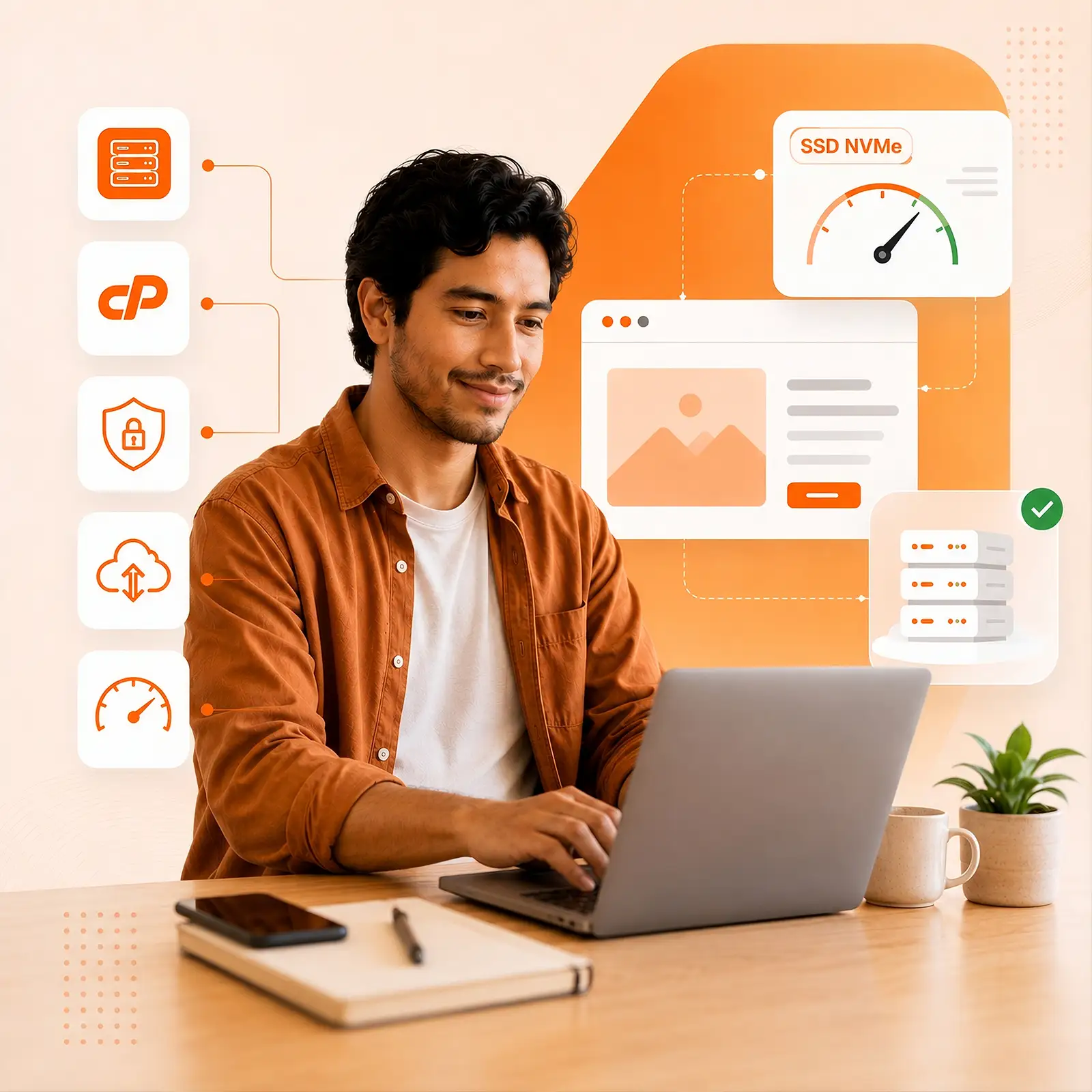 Emprendedor peruano creando la web de su pequeño negocio con hosting de HostingPerú