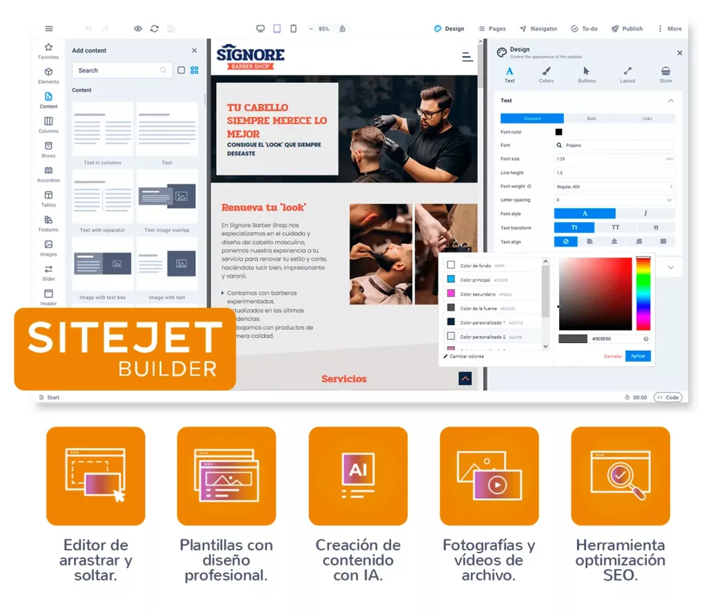 Contrata nuestro Web Hosting y disfruta de Sitejet Builder, uno de los más potentes creadores de páginas web. Este web creador cuenta con un editor de diseño web intuitivo, plantillas de páginas web creativas y personalizables, creación de contenido con IA y herramientas SEO. Aprovecha los recursos del creador de páginas web para cPanel.