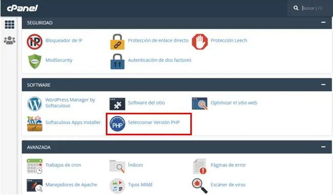 Seleccionar versión PHP