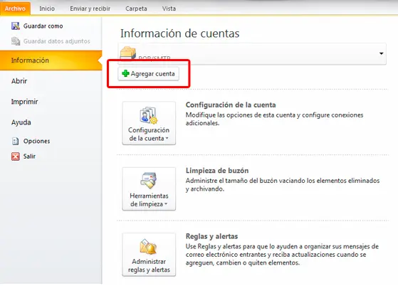Paso 1 - configurar correo electrónico en Microsoft Outlook 2010