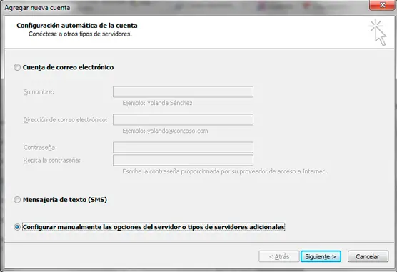 Paso 2 - configurar correo electrónico en Microsoft Outlook 2010