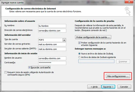 Paso 4 - configurar correo electrónico en Microsoft Outlook 2010