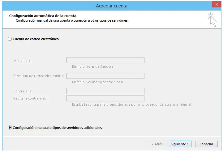 Paso 2 - configurar correo electrónico en Microsoft Outlook 2013