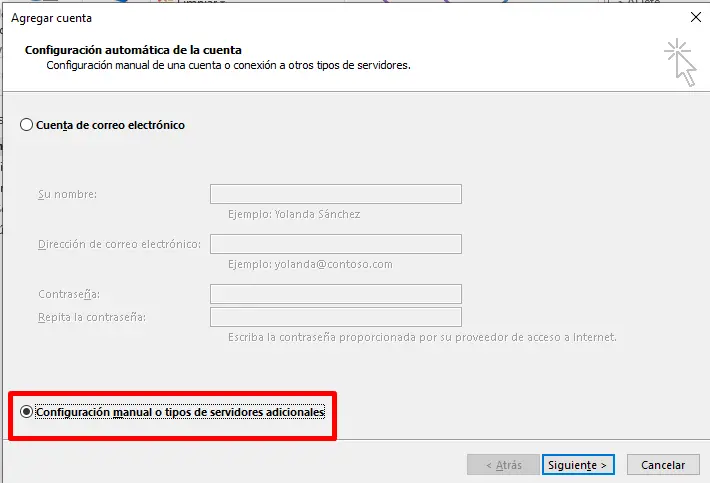 Paso 2 - configurar correo electrónico en Microsoft Outlook