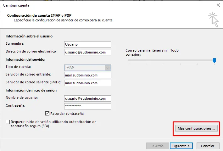 Paso 4 - configurar correo electrónico en Microsoft Outlook