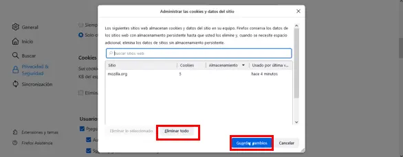Ventana Administrar cookies y datos del sitio en el navegador Firefox