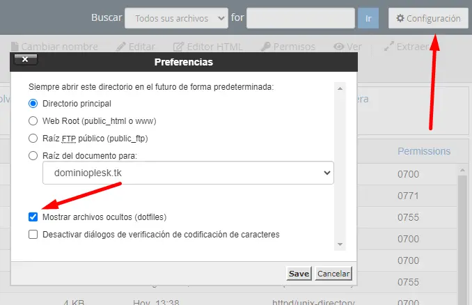 Mostrar archivos ocultos cPanel