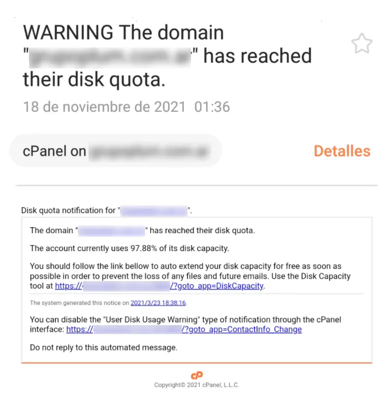 cPanel mensaje