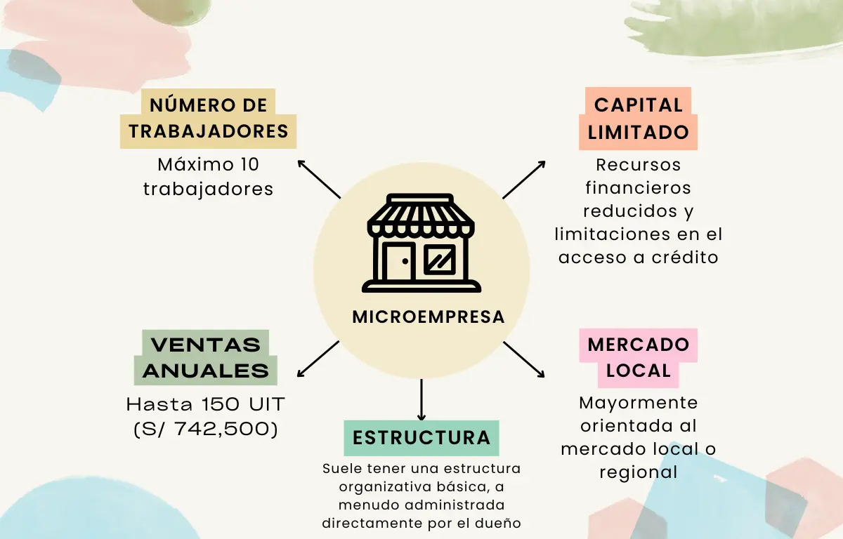 Infografía sobre las características de la microempresa: máximo 10 trabajadores, capital limitado, ventas anuales hasta 150 UIT, estructura organizativa básica y orientada al mercado local.