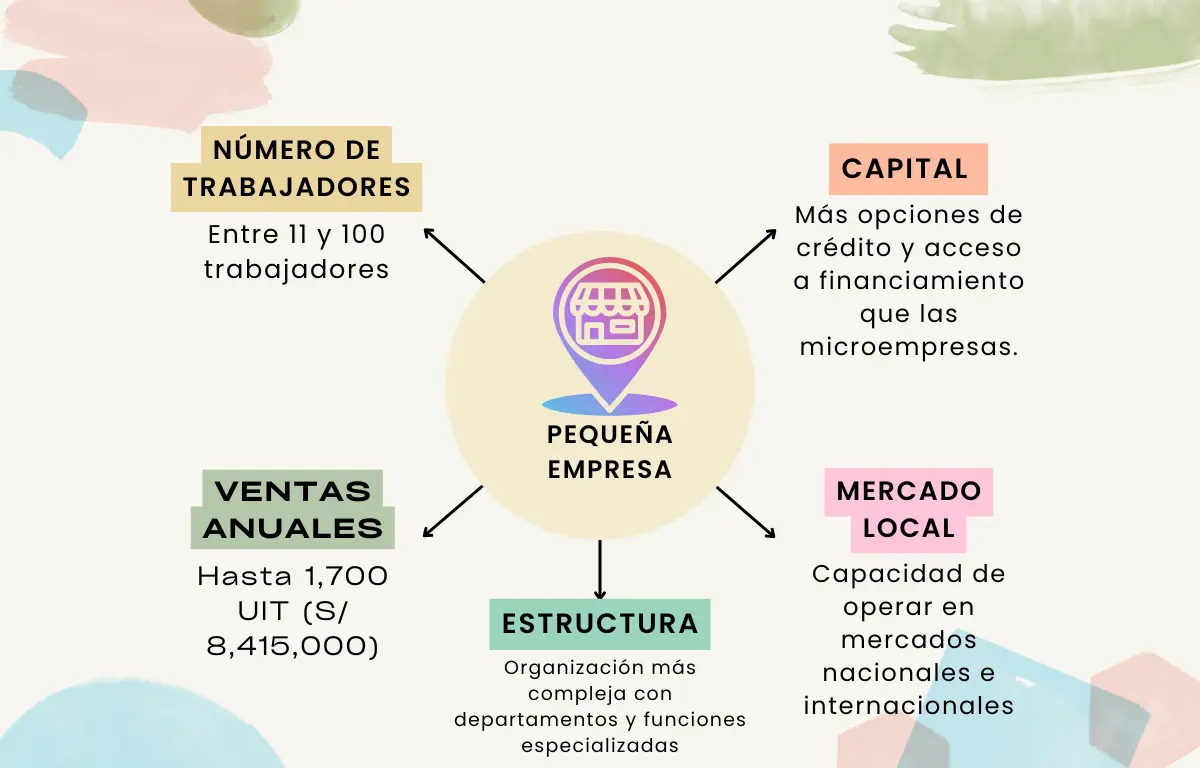 Infografía sobre las características de la pequeña empresa: entre 11 y 100 trabajadores, con más opciones a cr´ñedito y financiamiento, ventas anuales hasta 1,700 UIT, estructura de organziación más compleja y puede operar en mercados nacionales e internacionales.